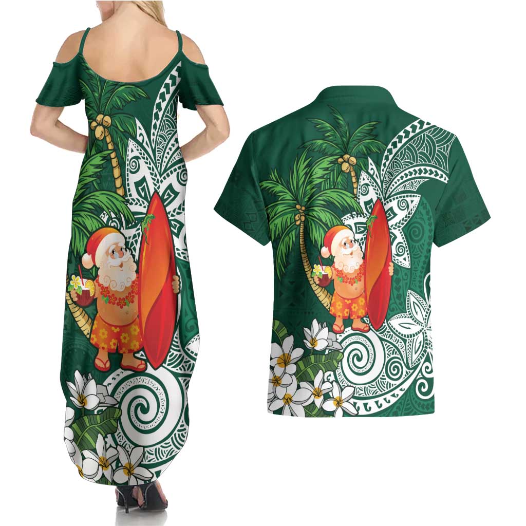 Polynesian Couples Matching Summer Maxi Dress and Hawaiian Shirt Tropical Santa - Plumeria Green Vintage