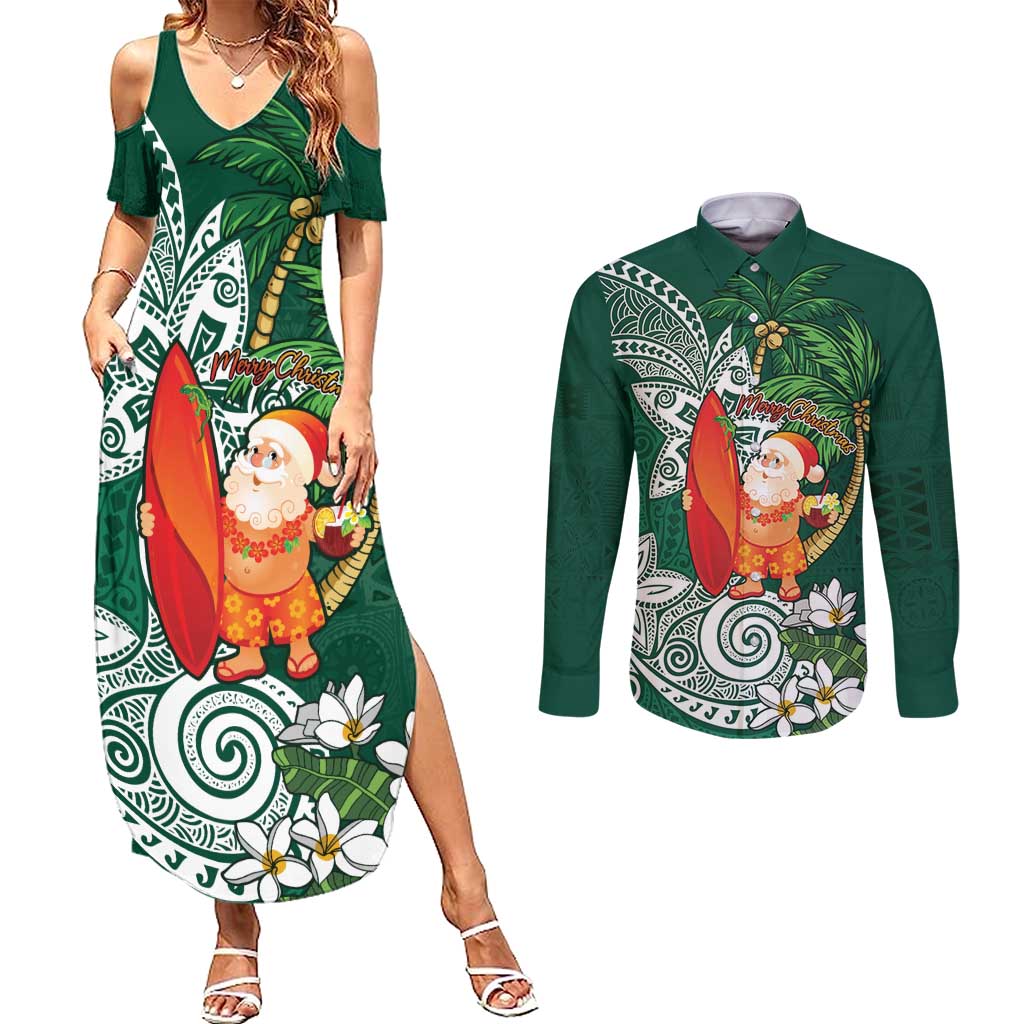 Polynesian Couples Matching Summer Maxi Dress and Long Sleeve Button Shirt Tropical Santa - Plumeria Green Vintage