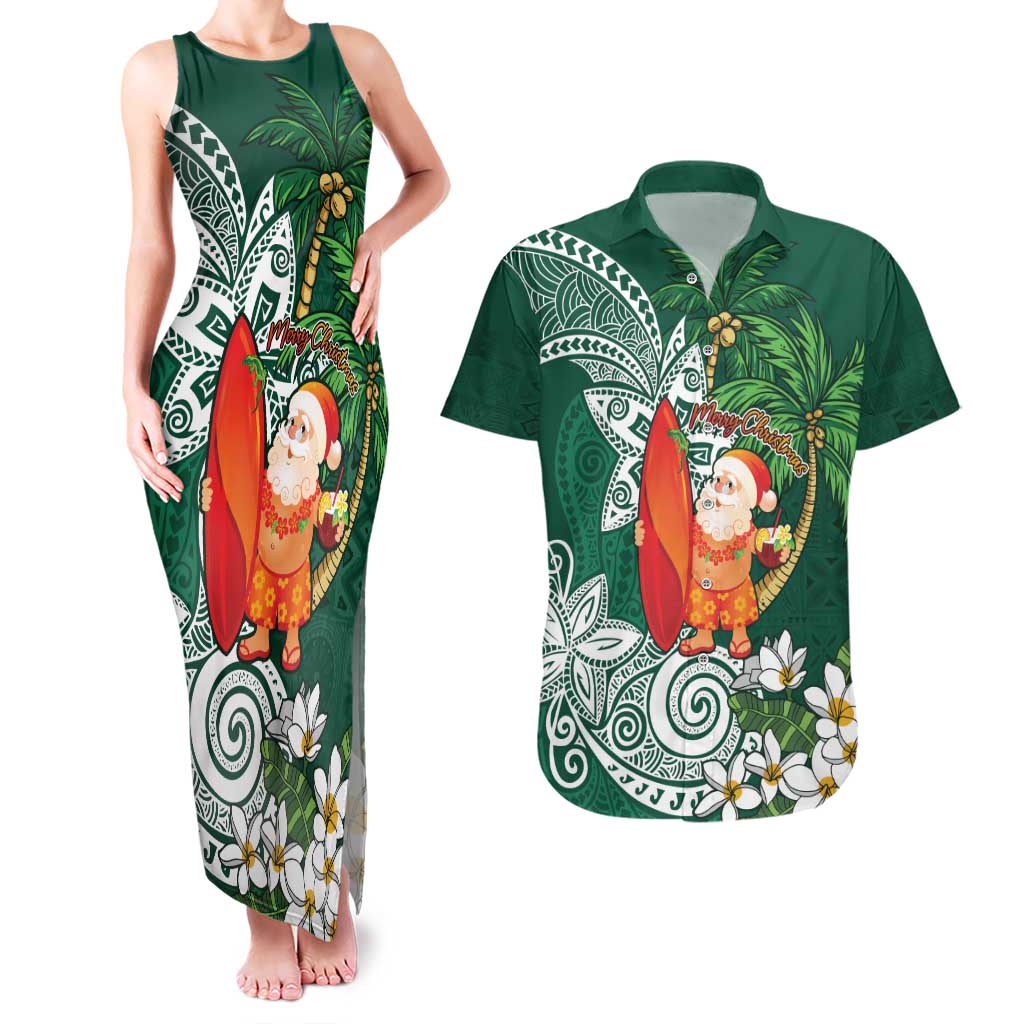 Polynesian Couples Matching Tank Maxi Dress and Hawaiian Shirt Tropical Santa - Plumeria Green Vintage