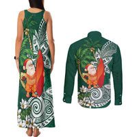 Polynesian Couples Matching Tank Maxi Dress and Long Sleeve Button Shirt Tropical Santa - Plumeria Green Vintage