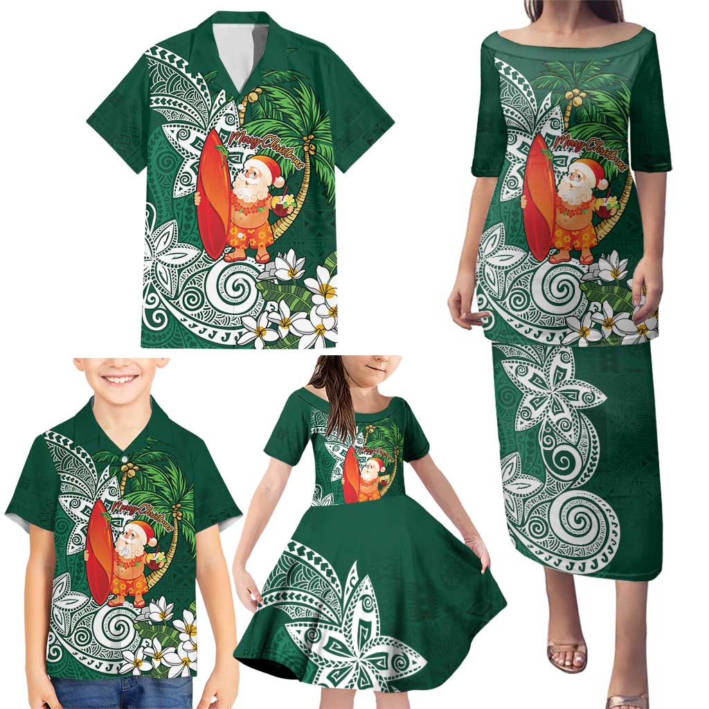 Polynesian Family Matching Puletasi and Hawaiian Shirt Tropical Santa - Plumeria Green Vintage