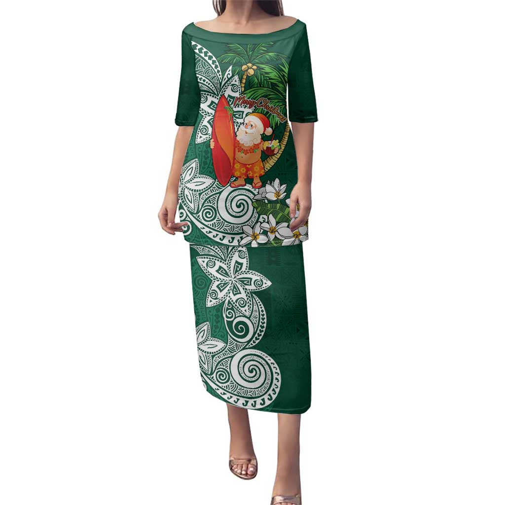 Polynesian Family Matching Puletasi and Hawaiian Shirt Tropical Santa - Plumeria Green Vintage