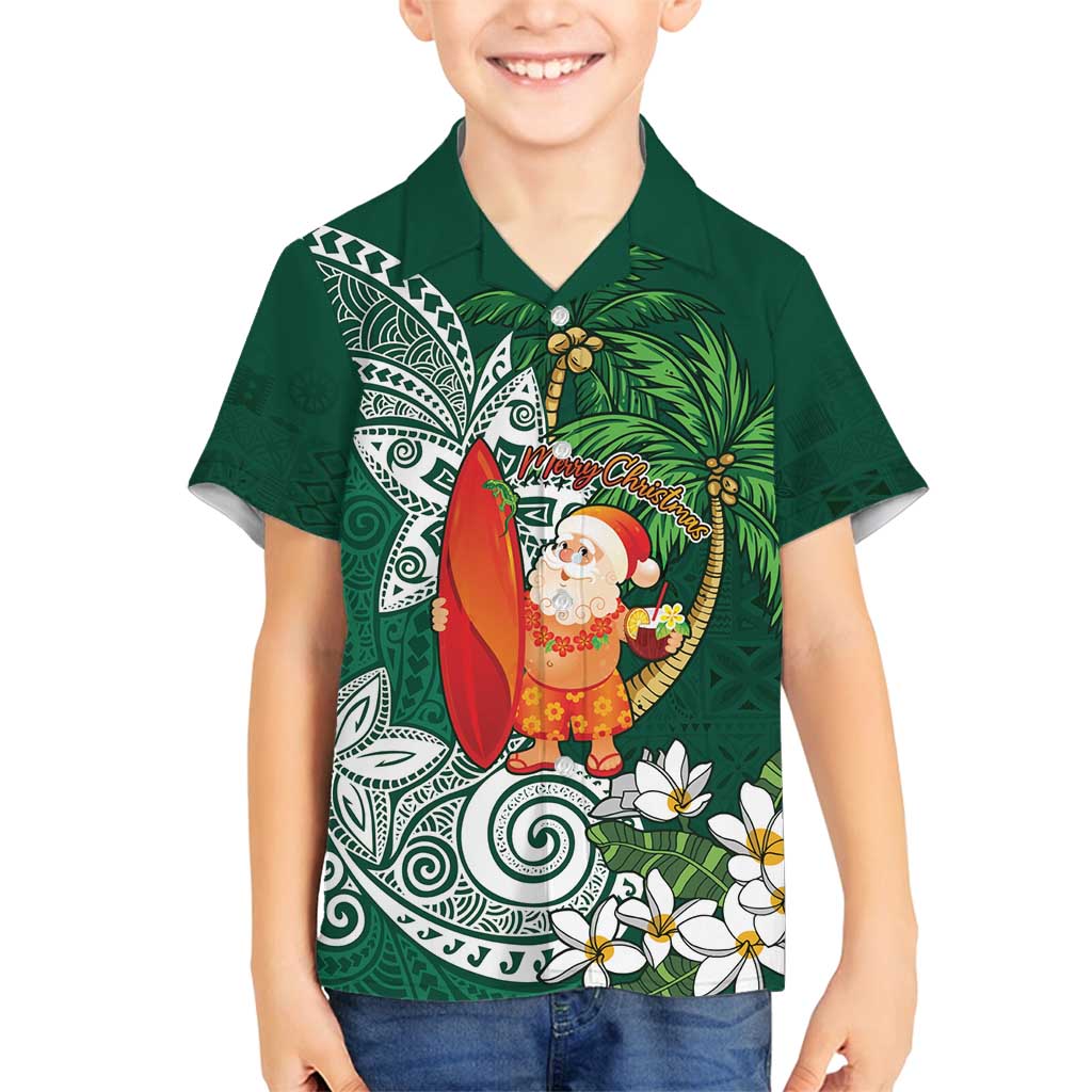 Polynesian Family Matching Puletasi and Hawaiian Shirt Tropical Santa - Plumeria Green Vintage