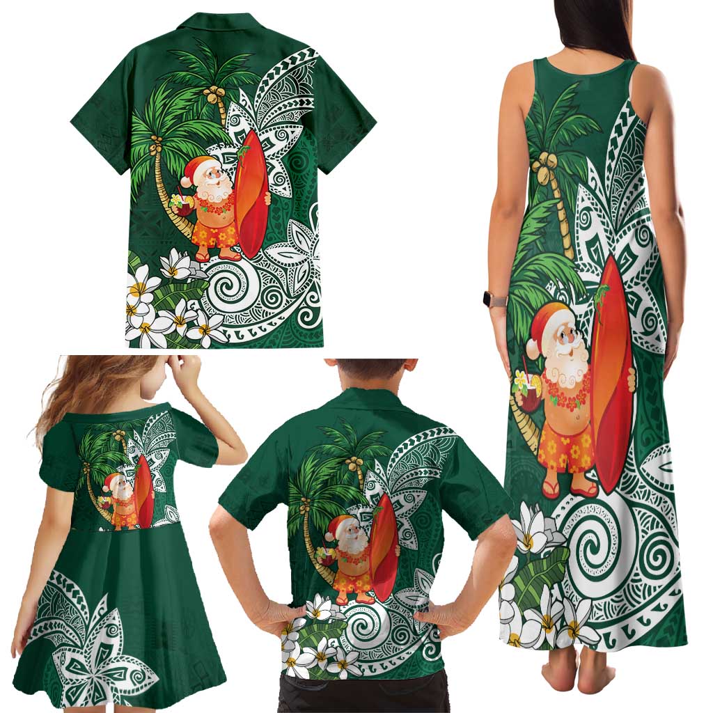 Polynesian Family Matching Tank Maxi Dress and Hawaiian Shirt Tropical Santa - Plumeria Green Vintage