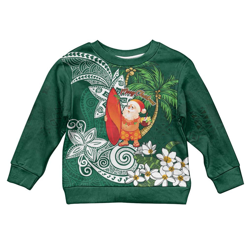 Polynesian Kid Ugly Christmas Sweater Tropical Santa - Plumeria Green Vintage