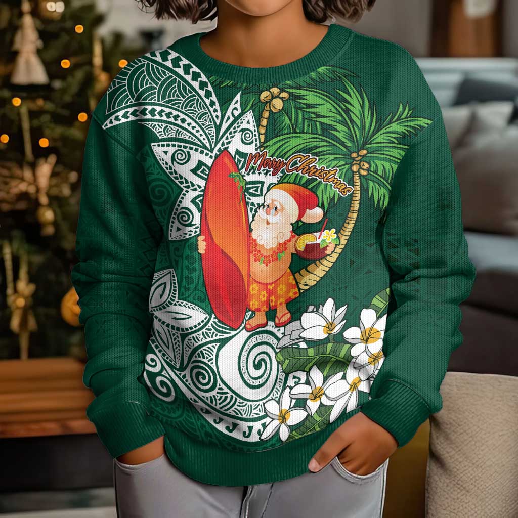 Polynesian Kid Ugly Christmas Sweater Tropical Santa - Plumeria Green Vintage