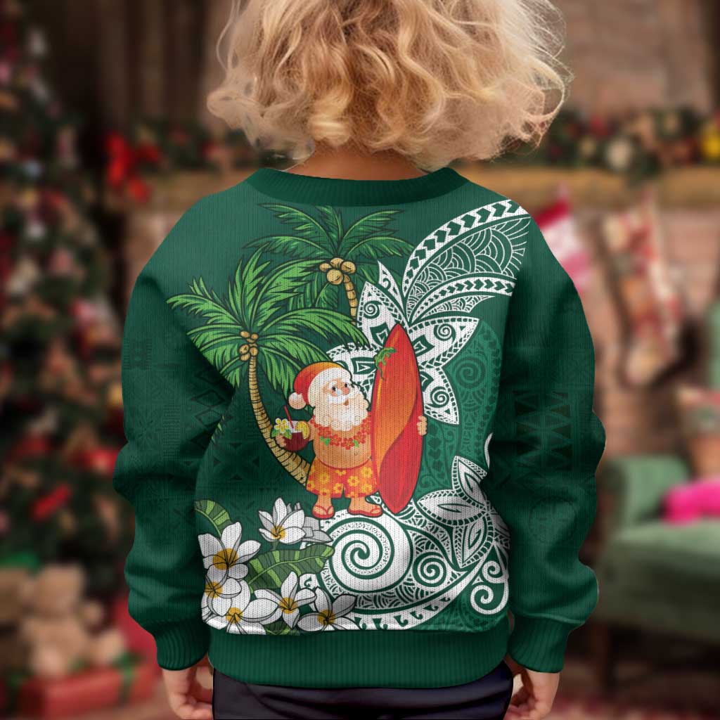 Polynesian Kid Ugly Christmas Sweater Tropical Santa - Plumeria Green Vintage