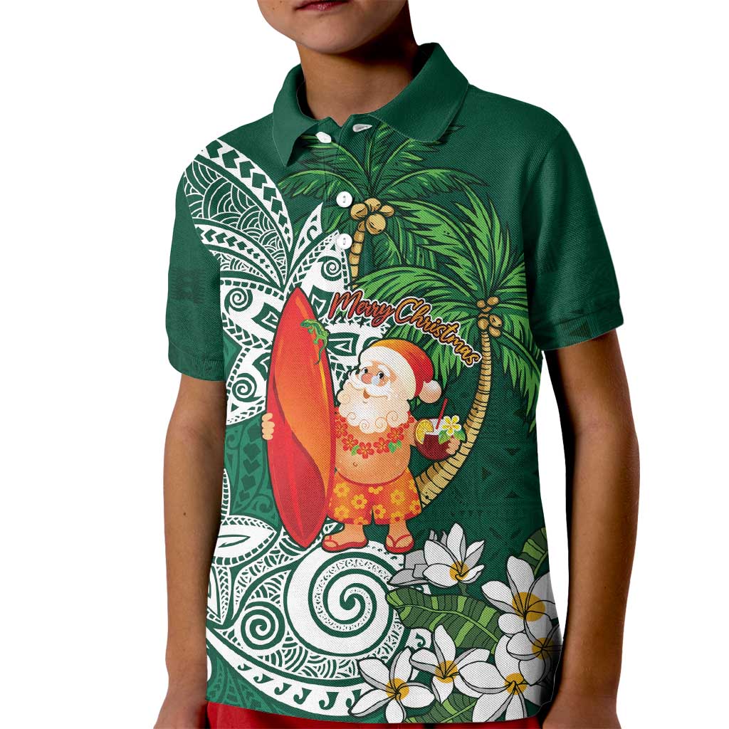 Polynesian Kid Polo Shirt Tropical Santa - Plumeria Green Vintage LT7 Kid Green - Polynesian Pride