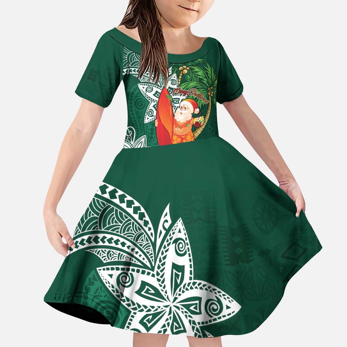 Polynesian Kid Short Sleeve Dress Tropical Santa - Plumeria Green Vintage LT7 KID Green - Polynesian Pride