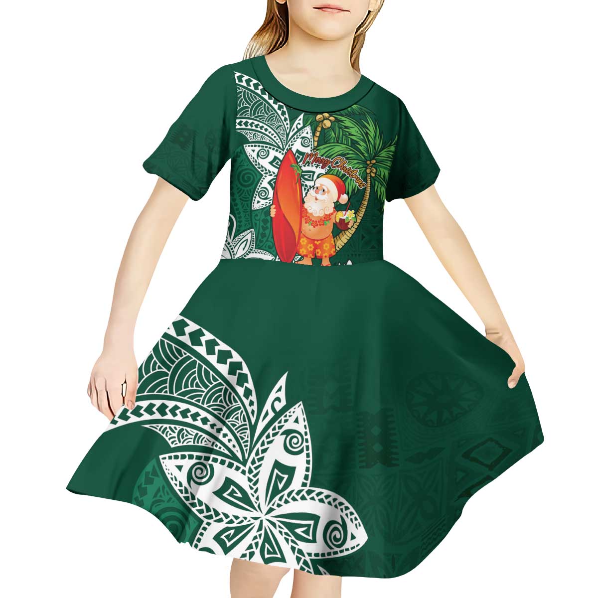 Polynesian Kid Short Sleeve Dress Tropical Santa - Plumeria Green Vintage LT7 - Polynesian Pride