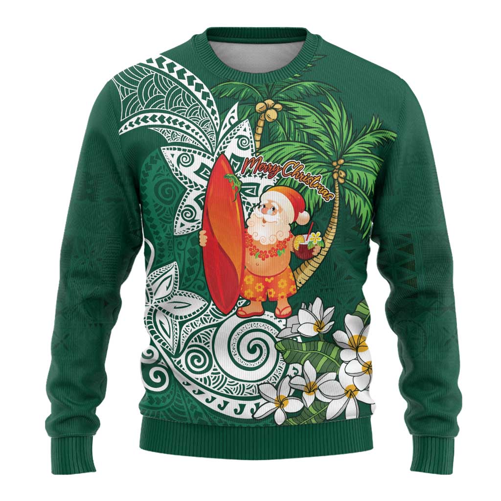 Polynesian Ugly Christmas Sweater Tropical Santa - Plumeria Green Vintage LT7 - Polynesian Pride