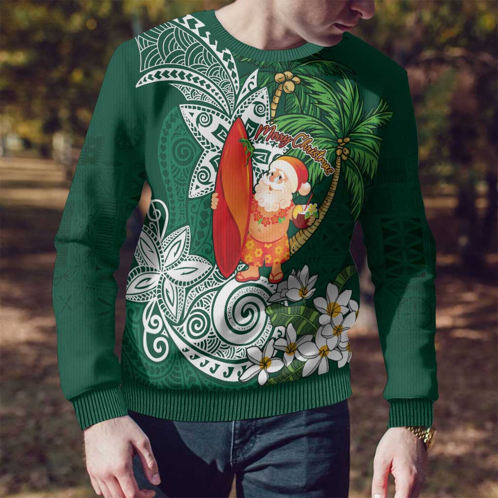 Polynesian Ugly Christmas Sweater Tropical Santa - Plumeria Green Vintage LT7 - Polynesian Pride