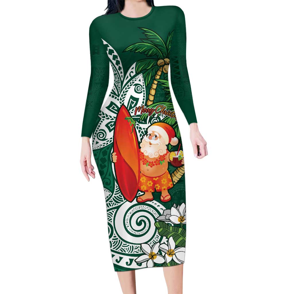 Polynesian Long Sleeve Bodycon Dress Tropical Santa - Plumeria Green Vintage