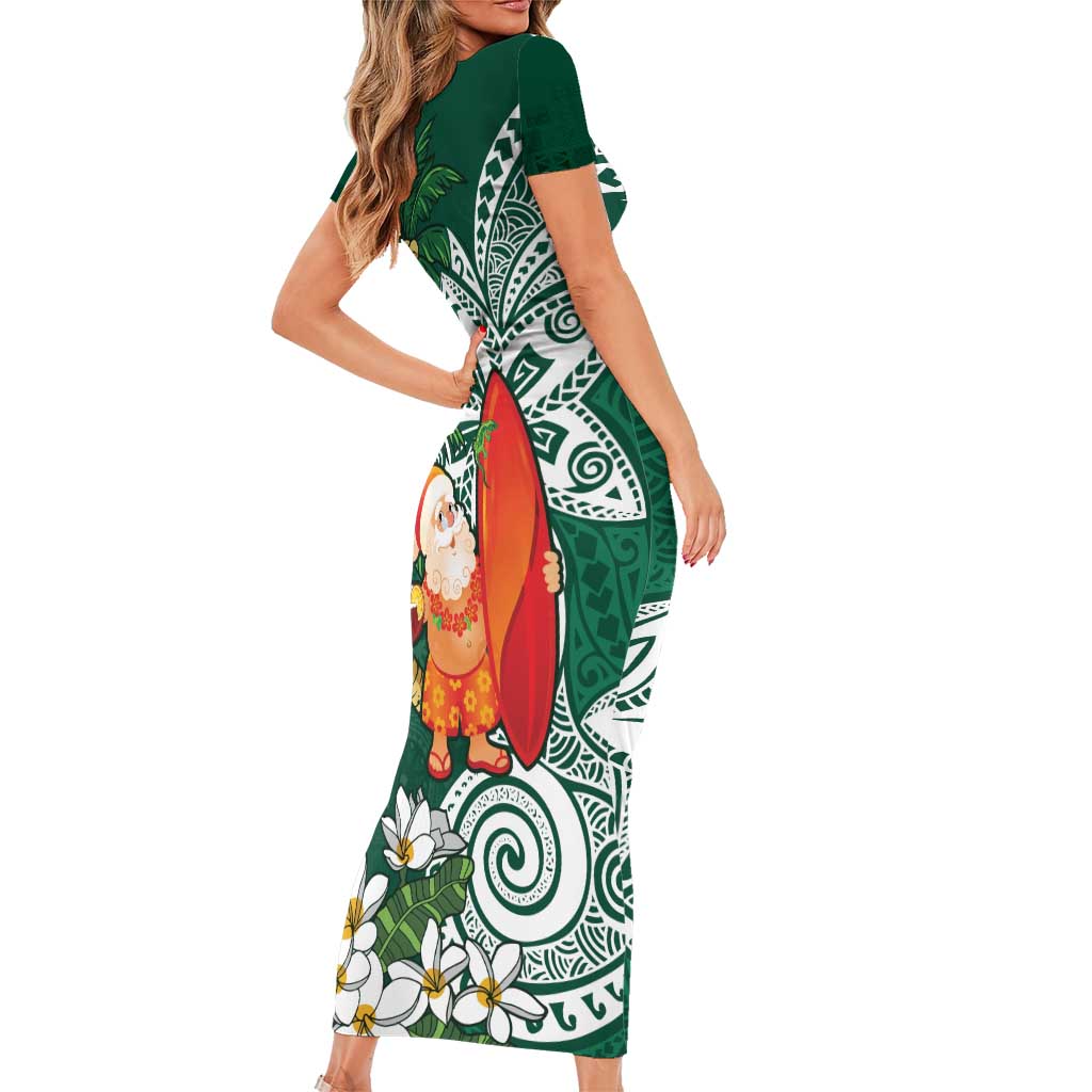 Polynesian Short Sleeve Bodycon Dress Tropical Santa - Plumeria Green Vintage