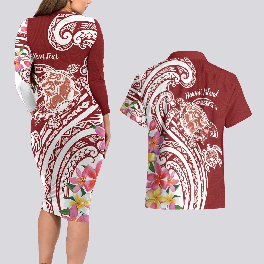 Aloha Hawaii Island Personalized Couples Matching Long Sleeve Bodycon Dress and Hawaiian Shirt Crimson Dreamy Turtle