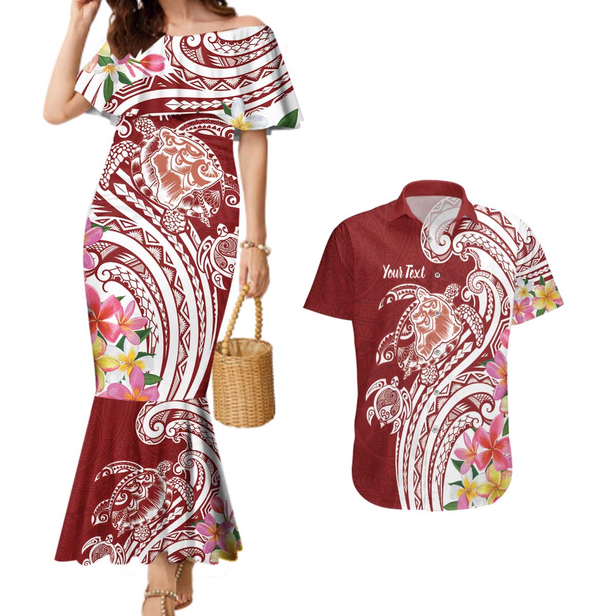Aloha Hawaii Island Personalized Couples Matching Mermaid Dress and Hawaiian Shirt Crimson Dreamy Turtle