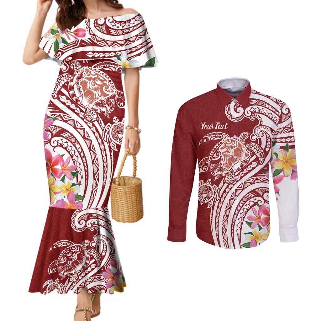 Aloha Hawaii Island Personalized Couples Matching Mermaid Dress and Long Sleeve Button Shirt Crimson Dreamy Turtle