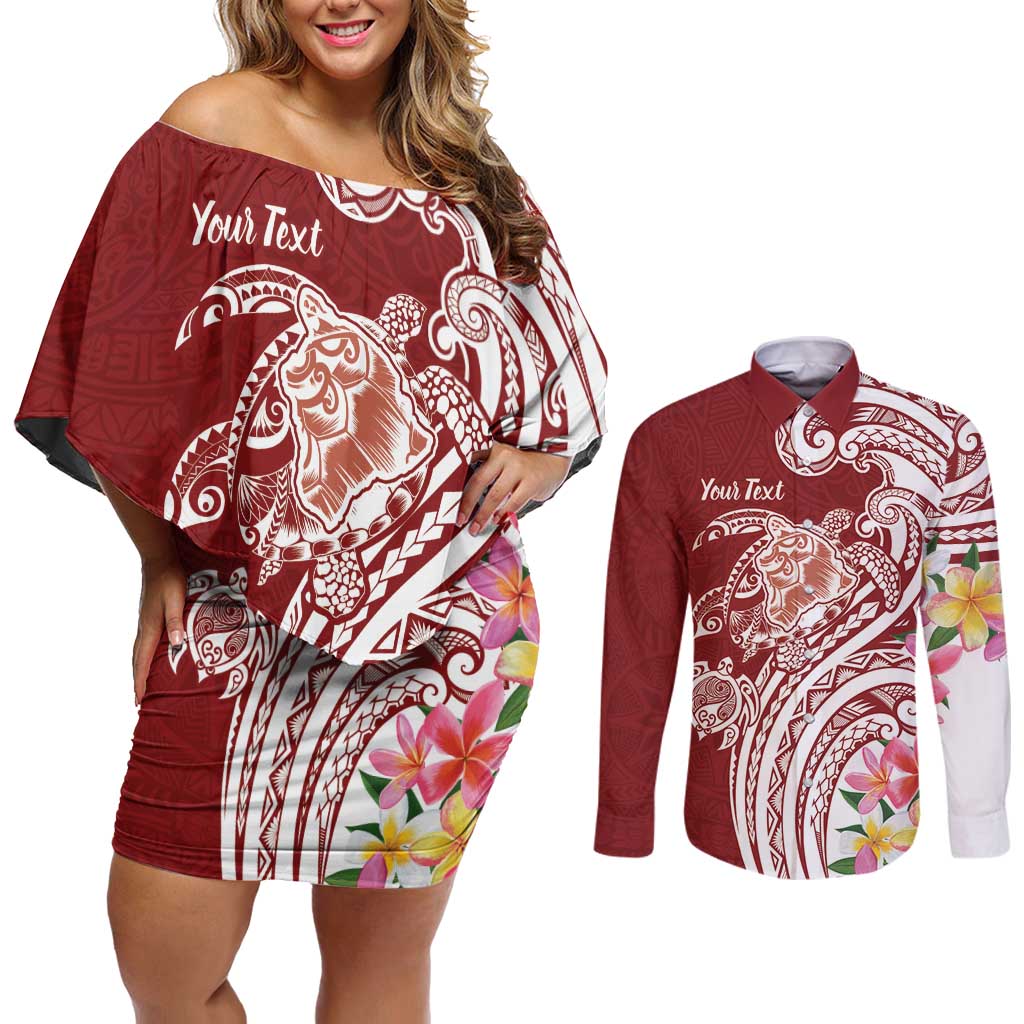 Aloha Hawaii Island Personalized Couples Matching Off Shoulder Short Dress and Long Sleeve Button Shirt Crimson Dreamy Turtle