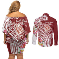 Aloha Hawaii Island Personalized Couples Matching Off Shoulder Short Dress and Long Sleeve Button Shirt Crimson Dreamy Turtle