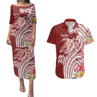 Aloha Hawaii Island Personalized Couples Matching Puletasi and Hawaiian Shirt Crimson Dreamy Turtle