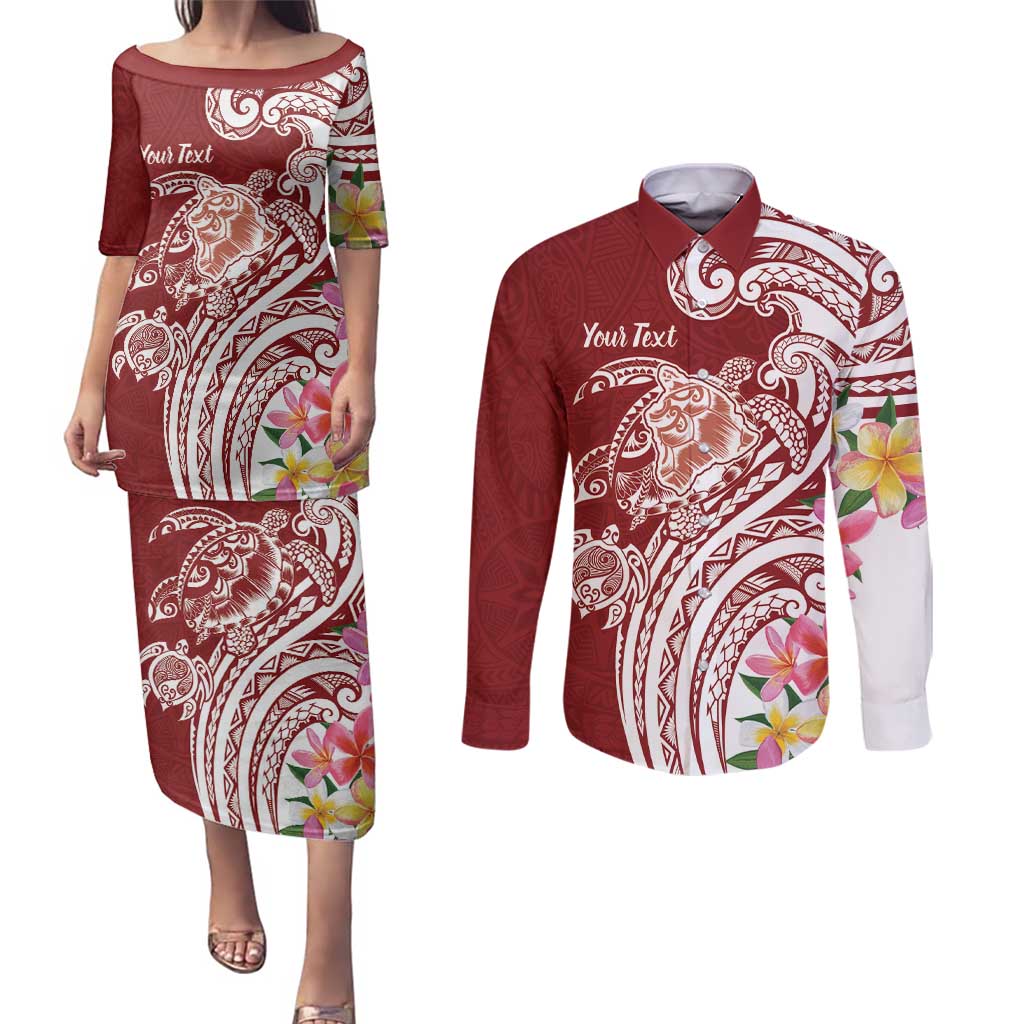 Aloha Hawaii Island Personalized Couples Matching Puletasi and Long Sleeve Button Shirt Crimson Dreamy Turtle