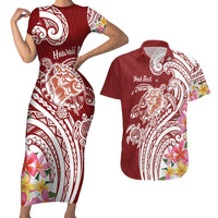 Aloha Hawaii Island Personalized Couples Matching Short Sleeve Bodycon Dress and Hawaiian Shirt Crimson Dreamy Turtle