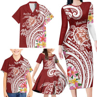 Aloha Hawaii Island Personalized Family Matching Long Sleeve Bodycon Dress and Hawaiian Shirt Crimson Dreamy Turtle