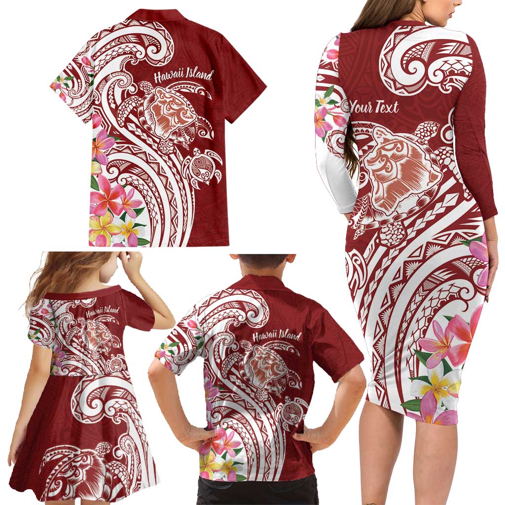 Aloha Hawaii Island Personalized Family Matching Long Sleeve Bodycon Dress and Hawaiian Shirt Crimson Dreamy Turtle