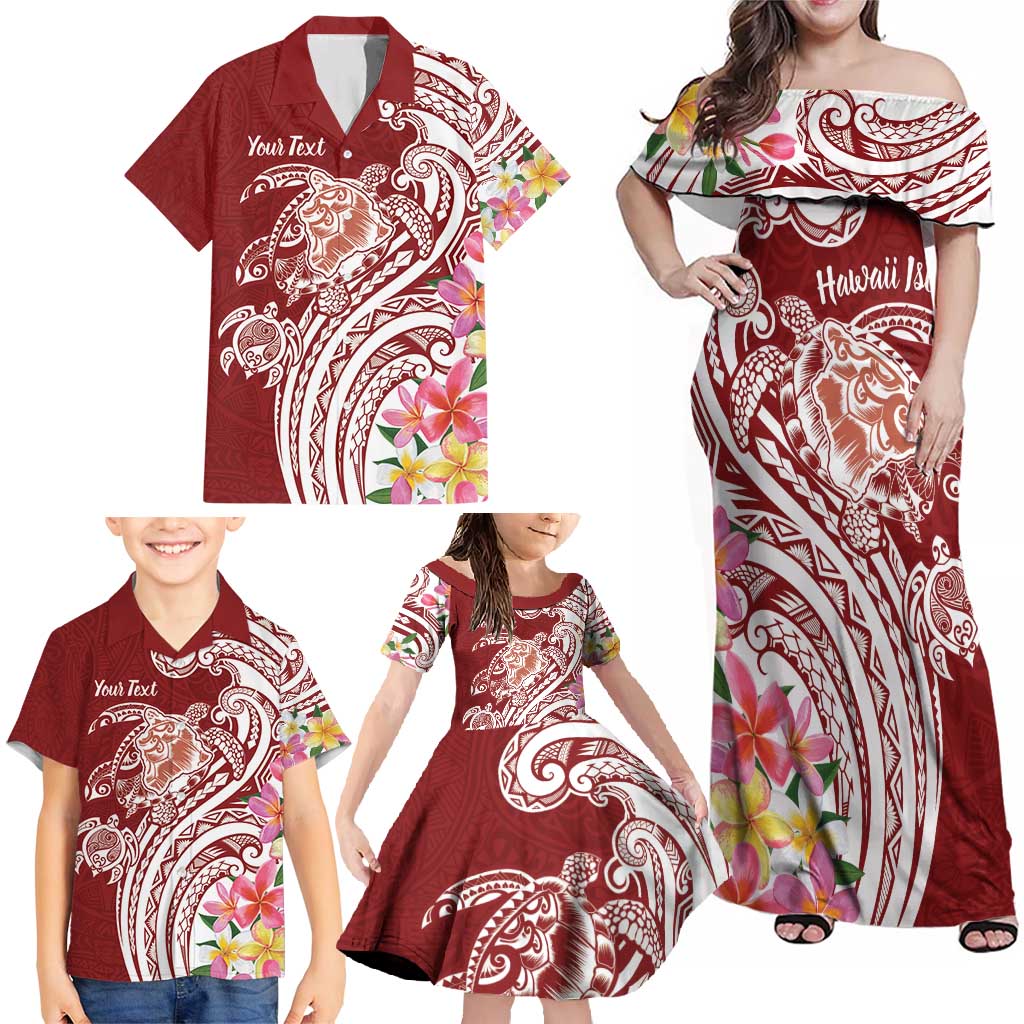 Aloha Hawaii Island Personalized Family Matching Off Shoulder Maxi Dress and Hawaiian Shirt Crimson Dreamy Turtle