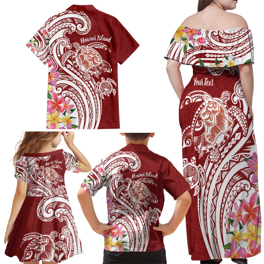Aloha Hawaii Island Personalized Family Matching Off Shoulder Maxi Dress and Hawaiian Shirt Crimson Dreamy Turtle