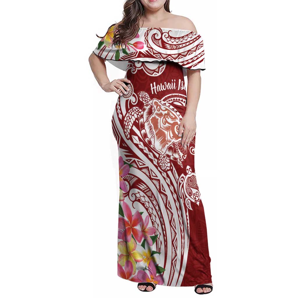 Aloha Hawaii Island Personalized Family Matching Off Shoulder Maxi Dress and Hawaiian Shirt Crimson Dreamy Turtle
