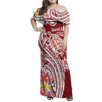 Aloha Hawaii Island Personalized Family Matching Off Shoulder Maxi Dress and Hawaiian Shirt Crimson Dreamy Turtle