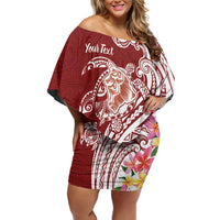 Aloha Hawaii Island Personalized Family Matching Off Shoulder Short Dress and Hawaiian Shirt Crimson Dreamy Turtle