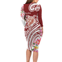 Aloha Hawaii Island Personalized Long Sleeve Bodycon Dress Crimson Dreamy Turtle