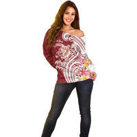 Aloha Hawaii Island Personalized Off Shoulder Sweater Crimson Dreamy Turtle