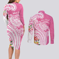 Aloha Maui Island Personalized Couples Matching Long Sleeve Bodycon Dress and Long Sleeve Button Shirt Rose Dreamy Turtle LT7 - Polynesian Pride