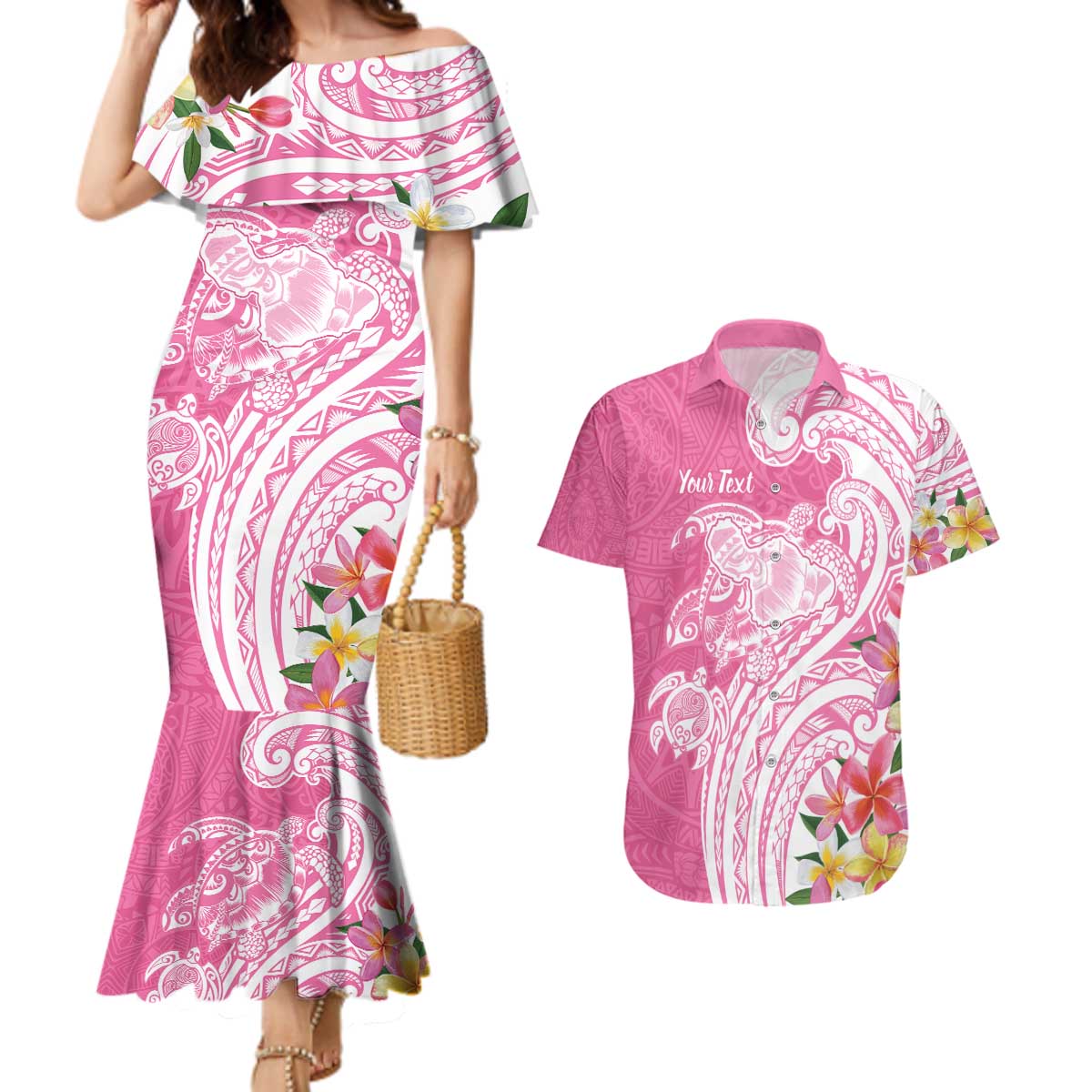 Aloha Maui Island Personalized Couples Matching Mermaid Dress and Hawaiian Shirt Rose Dreamy Turtle