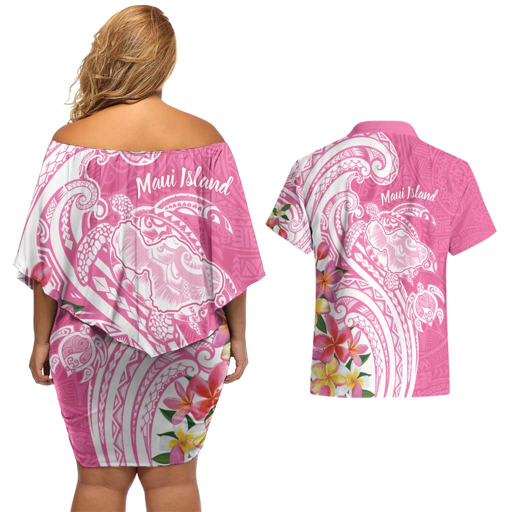 Aloha Maui Island Personalized Couples Matching Off Shoulder Short Dress and Hawaiian Shirt Rose Dreamy Turtle