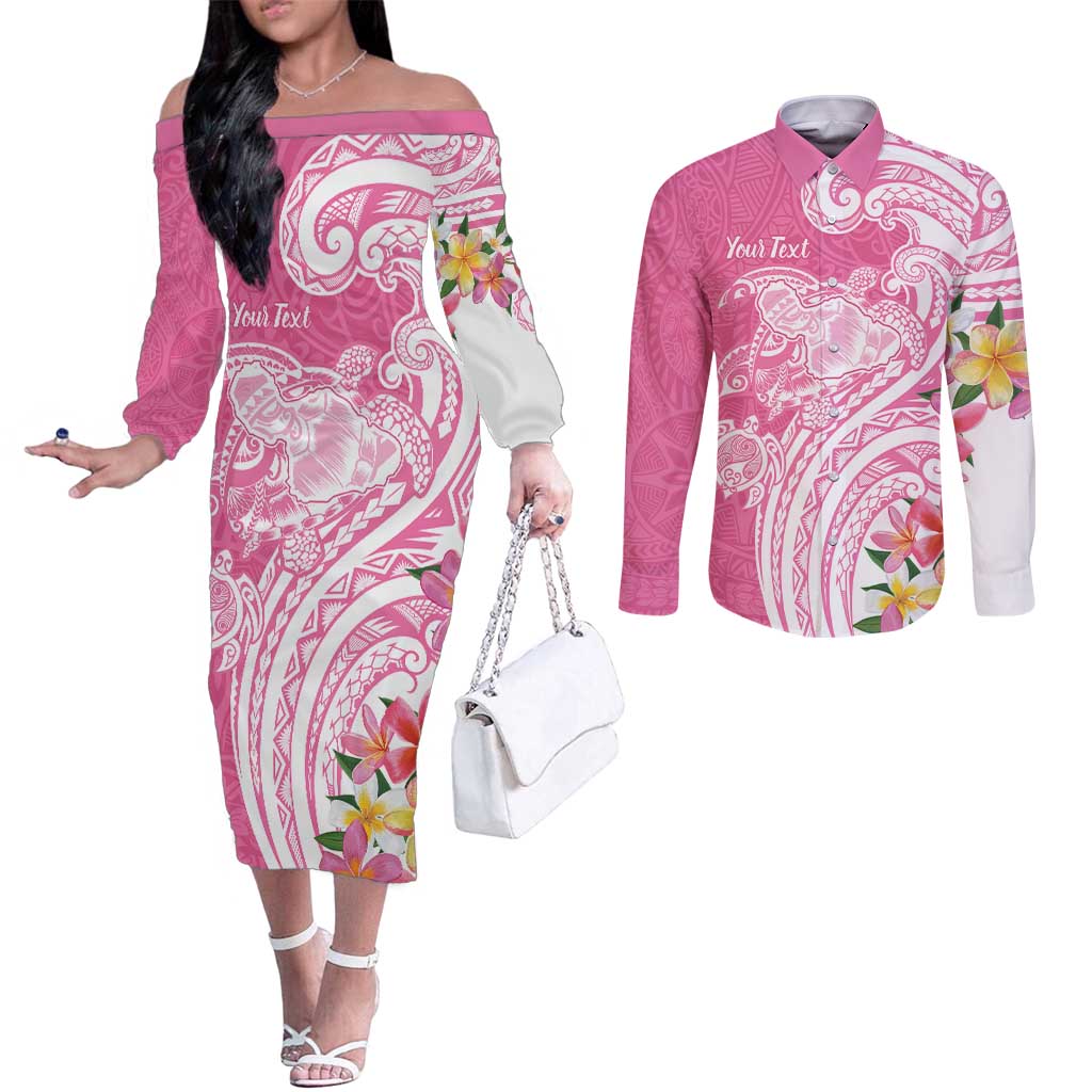Aloha Maui Island Personalized Couples Matching Off The Shoulder Long Sleeve Dress and Long Sleeve Button Shirt Rose Dreamy Turtle LT7 Rose Pink - Polynesian Pride