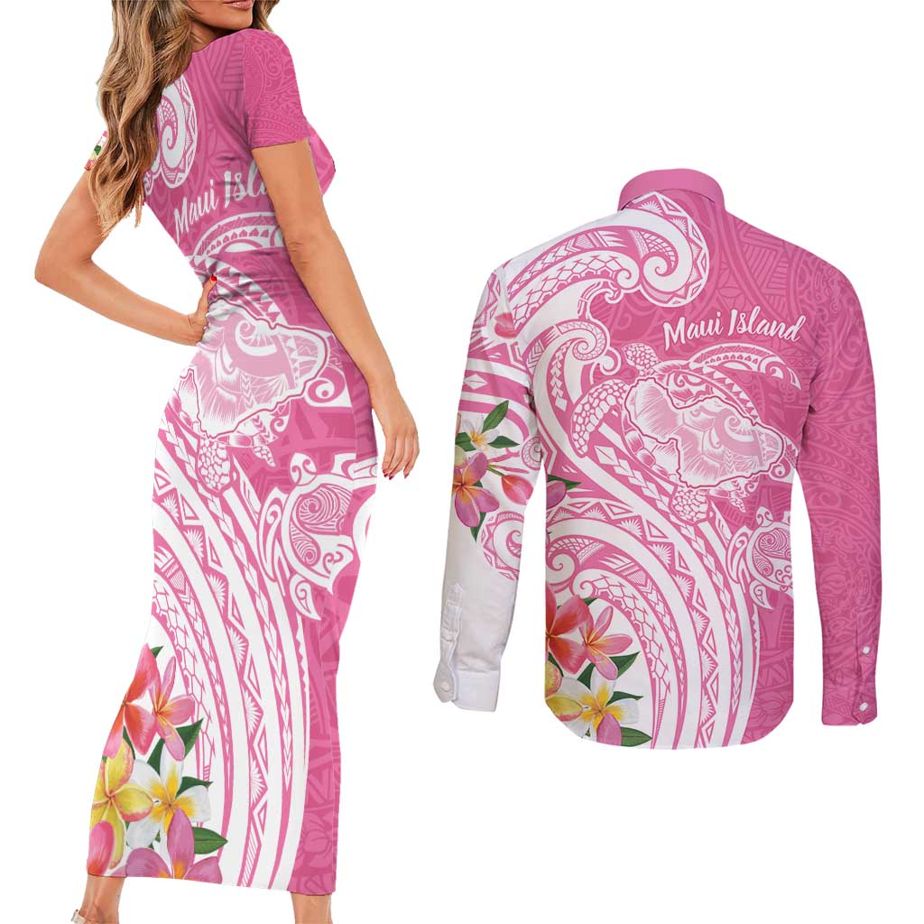Aloha Maui Island Personalized Couples Matching Short Sleeve Bodycon Dress and Long Sleeve Button Shirt Rose Dreamy Turtle LT7 - Polynesian Pride