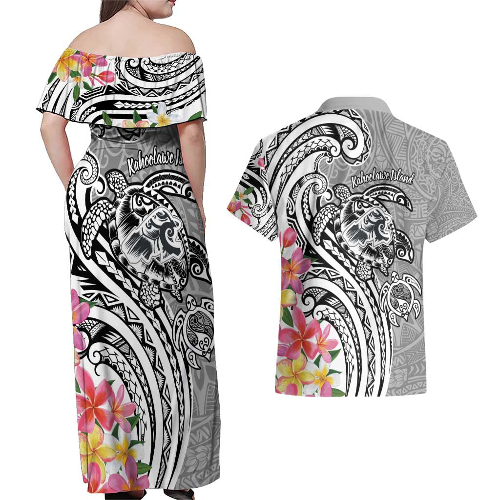 Aloha Kahoolawe Island Personalized Couples Matching Off Shoulder Maxi Dress and Hawaiian Shirt Ashen Dreamy Turtle