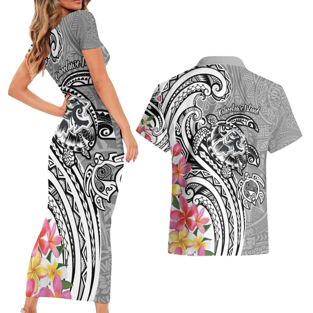 Aloha Kahoolawe Island Personalized Couples Matching Short Sleeve Bodycon Dress and Hawaiian Shirt Ashen Dreamy Turtle