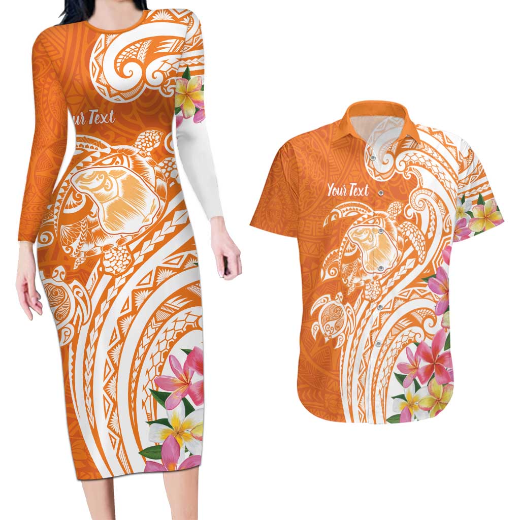 Aloha Lanai Island Personalized Couples Matching Long Sleeve Bodycon Dress and Hawaiian Shirt Orange Dreamy Turtle