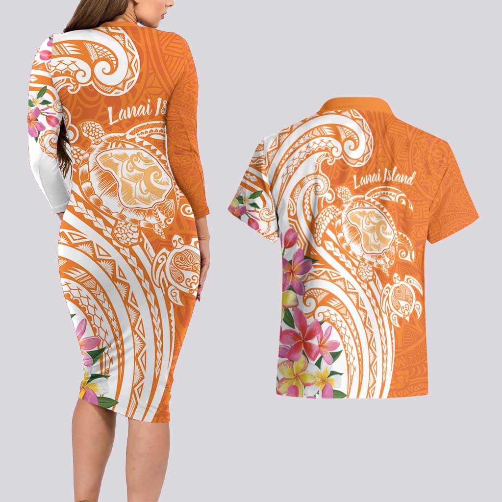 Aloha Lanai Island Personalized Couples Matching Long Sleeve Bodycon Dress and Hawaiian Shirt Orange Dreamy Turtle
