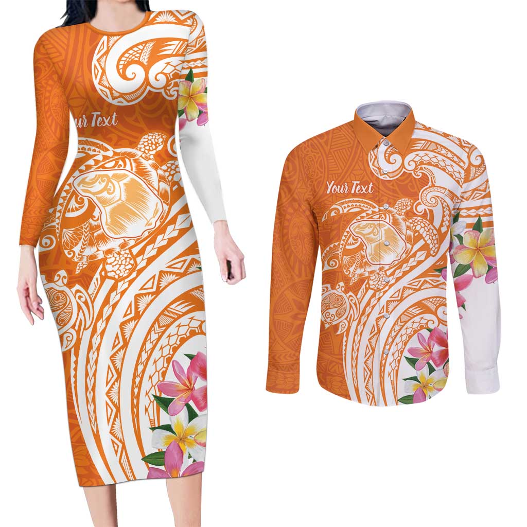 Aloha Lanai Island Personalized Couples Matching Long Sleeve Bodycon Dress and Long Sleeve Button Shirt Orange Dreamy Turtle LT7 Orange - Polynesian Pride