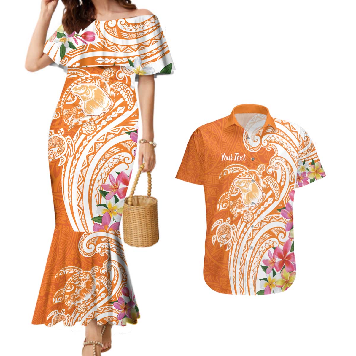 Aloha Lanai Island Personalized Couples Matching Mermaid Dress and Hawaiian Shirt Orange Dreamy Turtle