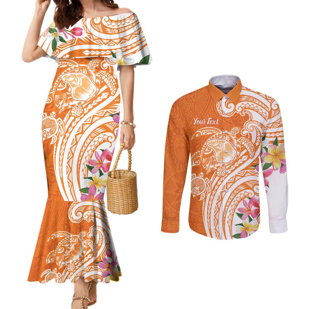 Aloha Lanai Island Personalized Couples Matching Mermaid Dress and Long Sleeve Button Shirt Orange Dreamy Turtle LT7 Orange - Polynesian Pride