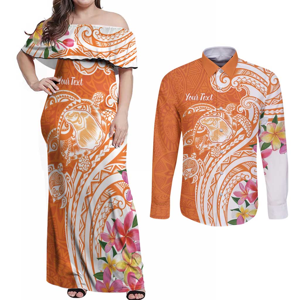 Aloha Lanai Island Personalized Couples Matching Off Shoulder Maxi Dress and Long Sleeve Button Shirt Orange Dreamy Turtle LT7 Orange - Polynesian Pride
