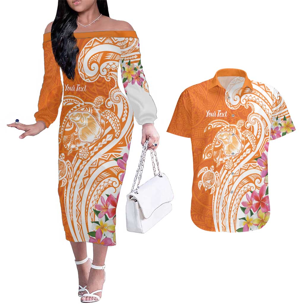 Aloha Lanai Island Personalized Couples Matching Off The Shoulder Long Sleeve Dress and Hawaiian Shirt Orange Dreamy Turtle