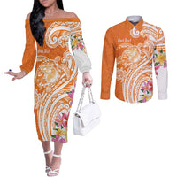 Aloha Lanai Island Personalized Couples Matching Off The Shoulder Long Sleeve Dress and Long Sleeve Button Shirt Orange Dreamy Turtle LT7 Orange - Polynesian Pride